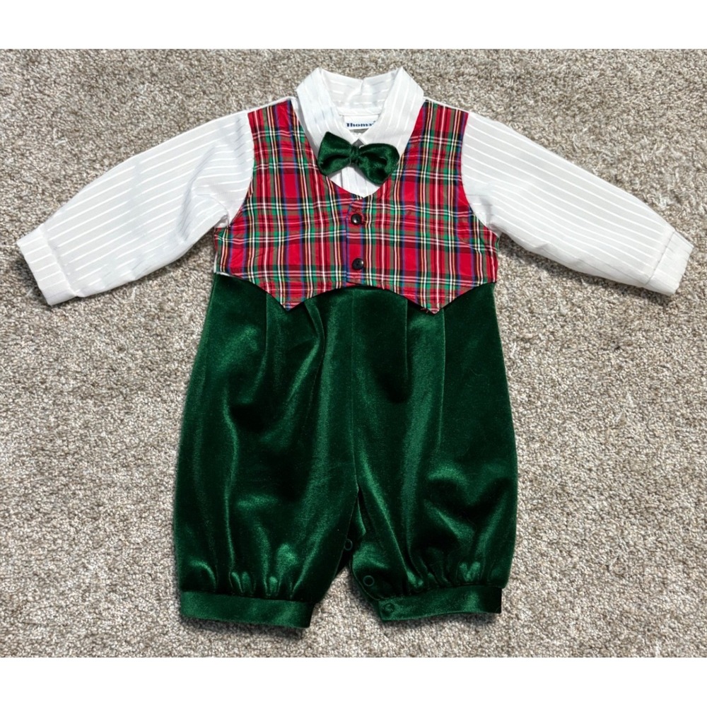 Thomas Romper Suit Baby Boy 12M Velvet Plaid Vest Holiday Dress Green Velvet